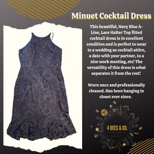 Minuet Size Large - A Line, Lace, Navy Blue,Fitted, Halter Cocktail Dress in EUC